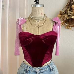 Women's Tie Shoulder Velvet Bustier Sweetheart Neck Crop Cami Top